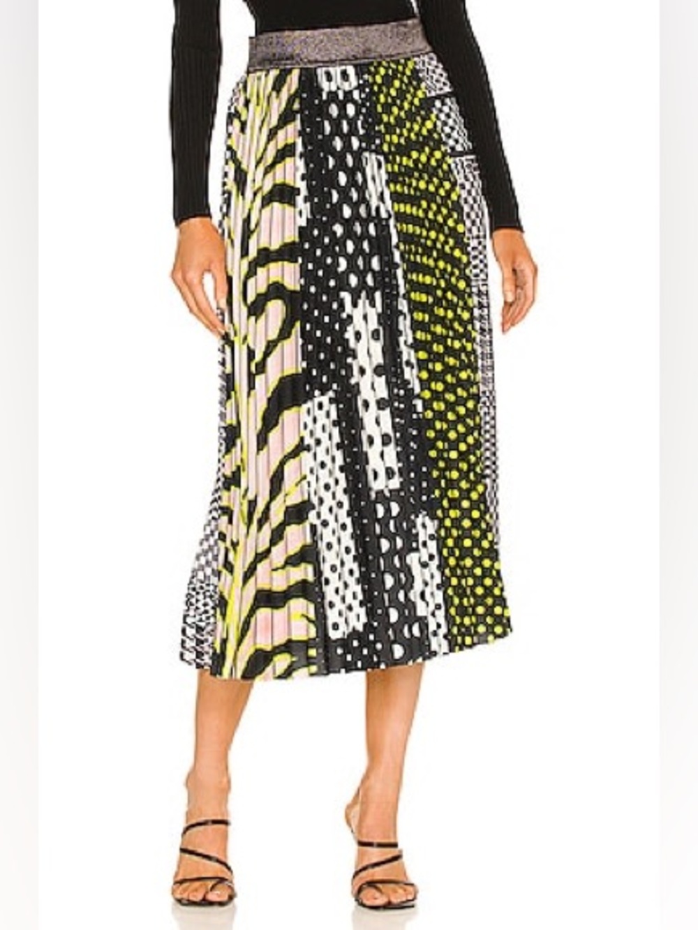 Le Superbe All Sports Patchwork Pleated Midi Skirt Size L Black White Chartreuse